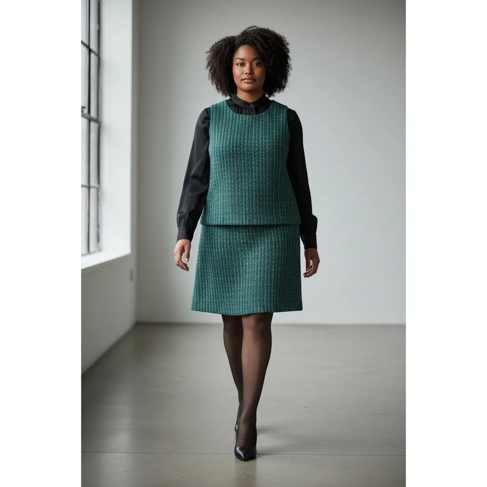 J.Crew‎ Tweed Woven Two-Piece Set Women Top XL Skirt 16 Green Blue Elevated